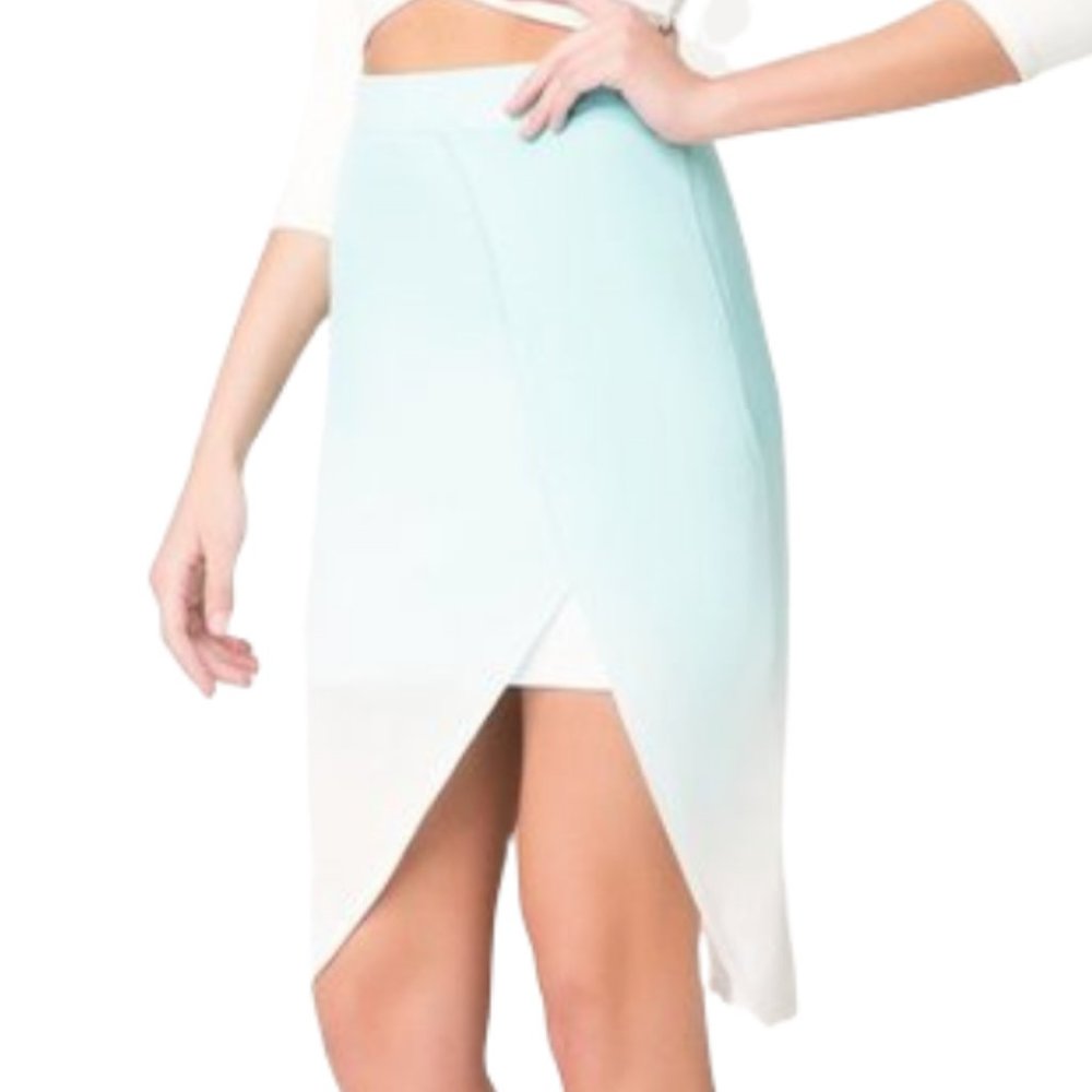 BEBE Aqua/White Dip-Dye Ombre Hi-Lo Wrap Skirt